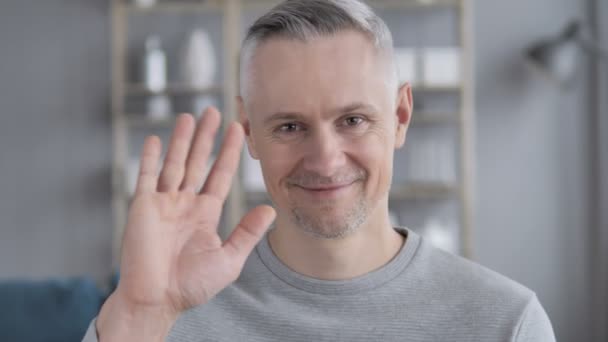 Hola Hombre Cabello Gris Saludando Mano Para Dar Bienvenida — Vídeos de Stock