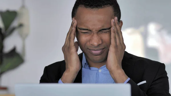 Close Stressed Casual African Businessman Headache Working Laptop — Stock Photo, Image