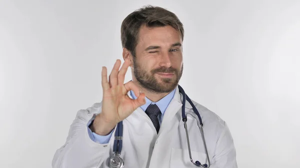 Retrato Del Doctor Gesturing Okay Sign —  Fotos de Stock