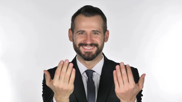 Retrato Barba Empresário Convidando Clientes Com Ambas Mãos — Fotografia de Stock