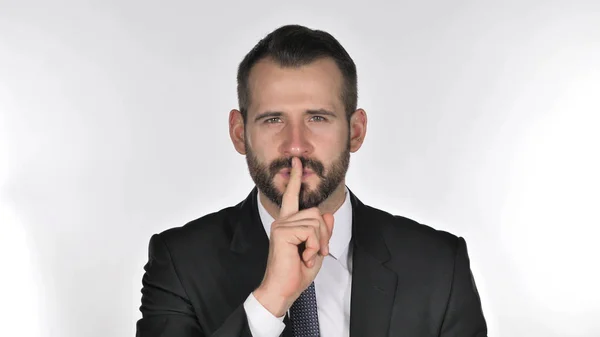 Porträtt Skägg Affärsman Gestikulerande Tystnad Finger Läppar — Stockfoto