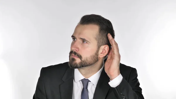 Baard Zakenman Luisteren Geheime Witte Achtergrond — Stockfoto