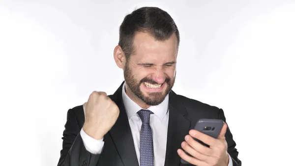 Beard Businessman Excited Success While Using Smartphone — Stock Photo, Image