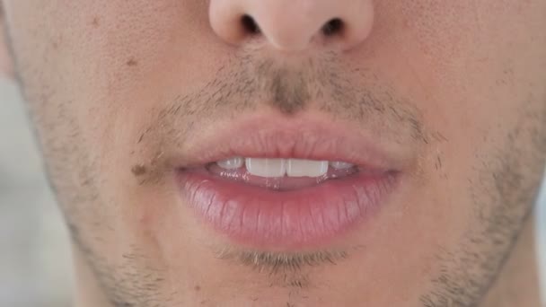 Close Up of Smiling Lips of Young Man — Stock Video