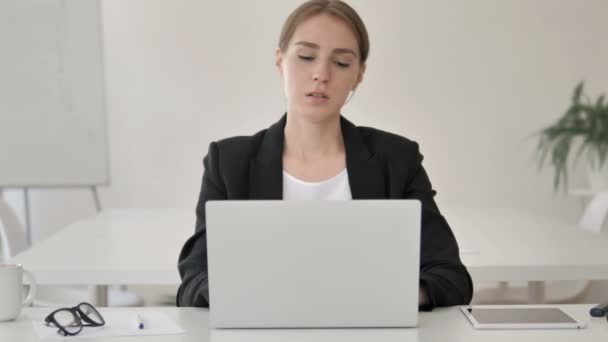 Tired Young Businesswoman Trying to Relax Neck Pain — Stock Video