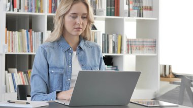 Güzel genç sarışın kadın çalışma üzerinde laptop