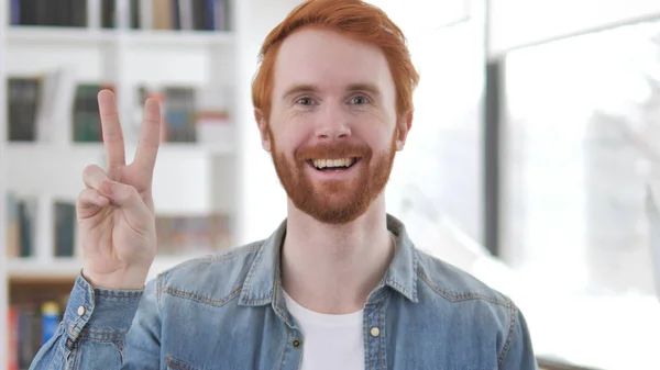 Victory Sign by Positive Young Casual Redhead Man — Stock Photo, Image