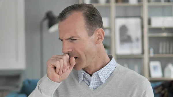 Cough, Portrait of Sick Middle Aged Man Coughing at Work