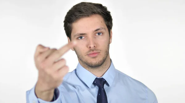 Młody biznesmen pokazując środkowy palec na białym tle — Zdjęcie stockowe