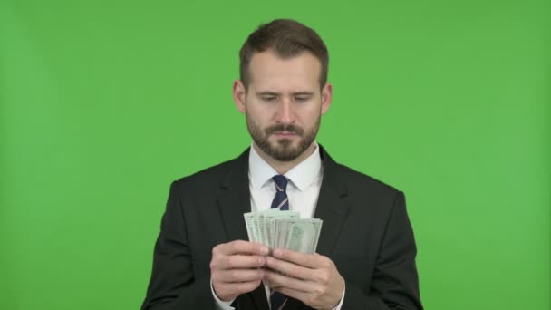 Young Businessman Counting and Offering Money against Chroma Key — Stock Video