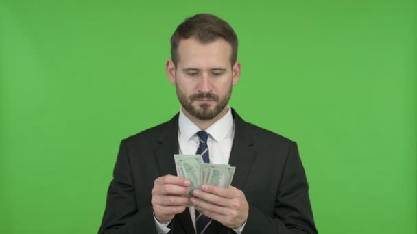 Ambitionierter Geschäftsmann rechnet das Geld gegen den Chroma-Schlüssel — Stockvideo