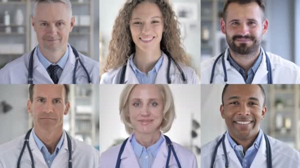 Коллаж врачей, смотрящих в камеру и улыбающихся — стоковое видео