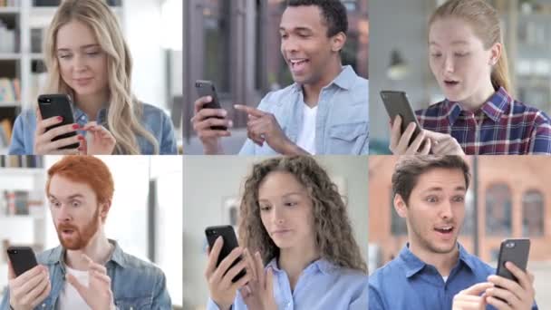 Коллаж молодых людей, взволнованных победой при использовании смартфона — стоковое видео