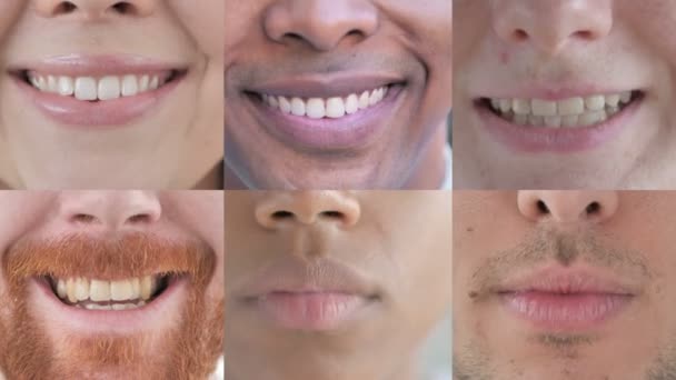 Колаж з усміхнених молодих людей, губ і зубів крупним планом — стокове відео