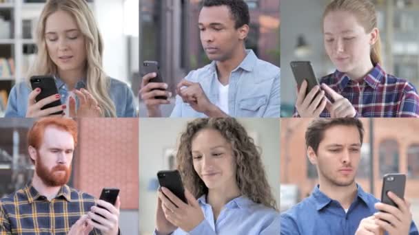 Collage van jonge mensen die smartphone gebruiken — Stockvideo