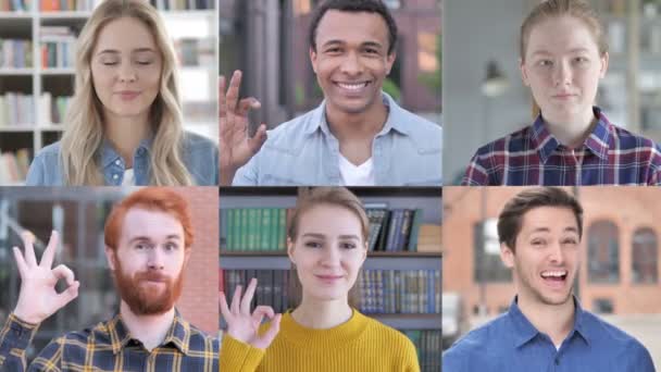 Collage av unga människor som visar godkännande gest med hand — Stockvideo