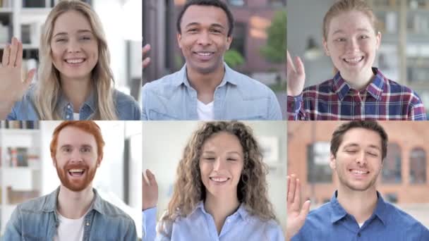 Collage von jungen Leuten, die für Videochats sprechen — Stockvideo