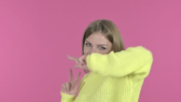 Excited Young Girl Dancing and Celebrating, Pink Background — Stock Video