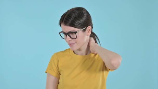 Young Woman Having Neck Pain on Purple Background — Stock Video