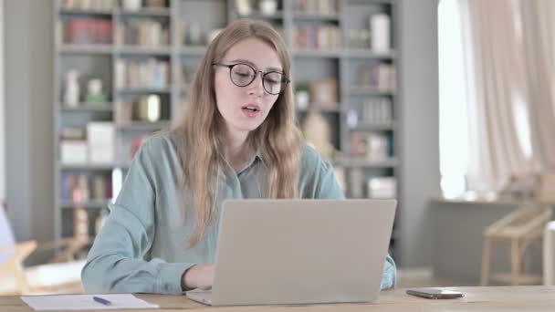 Portrait of Tired Woman having Back Pain in Office — Stock Video