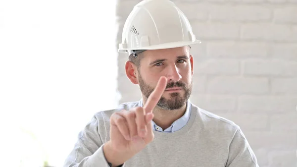 Portrait of Young Engineer showing No Sign by Finger — Stock Photo, Image