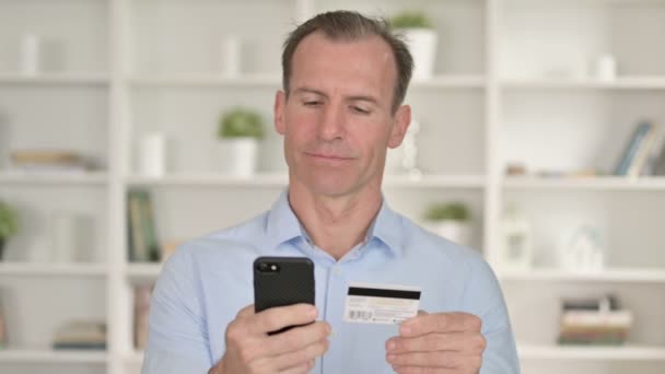 Portrait of Middle Aged Businessman making Successful Payment on Smartphone — Stock Video