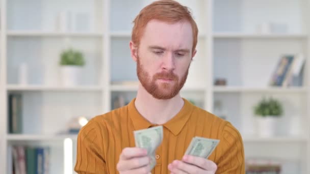 Porträt eines fokussierten Rotschopfes beim Dollarzählen — Stockvideo