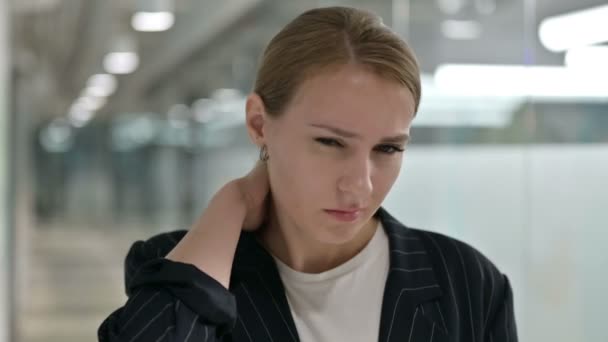 Portrait of Tired Businesswoman having Neck Pain — Stock Video