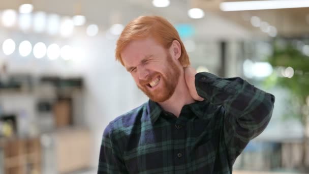 Portrait of Stressed Beard Redhead Man having Neck Pain — Stock Video