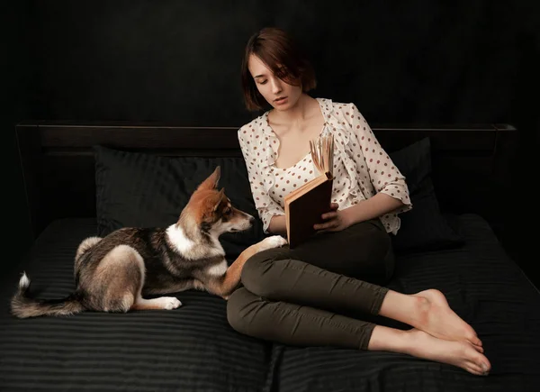 A young girl is a reading a book to a dog. Girl with a dog