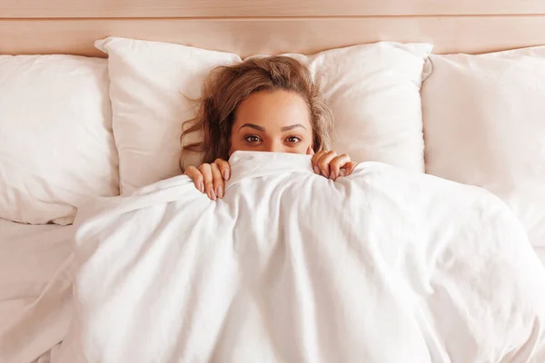 Beautiful Mixed Race Woman Lying Bed Looking Camera Blanket Girl — Stock Photo, Image