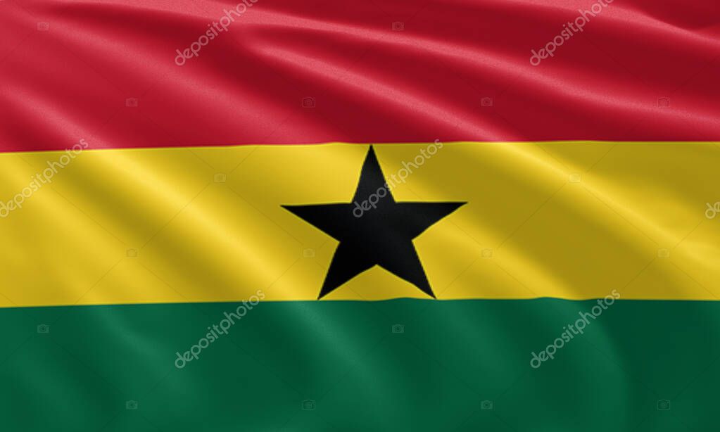 Close up waving flag of Ghana. Flag symbols of Ghana