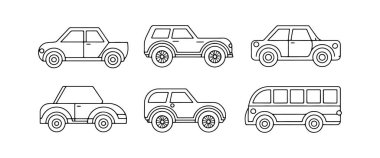 Minimalist tarzda altı ayrı araba siluetinden oluşan bir koleksiyon. Her araç kendine has özellikler gösteriyor, farklı şekil ve boyutları vurguluyor, tasarım ilhamı veya grafik kullanımı için mükemmel..