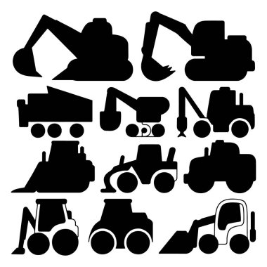 Kazı araçları, buldozerler ve beyaz arka plana yerleştirilmiş kamyonlar da dahil olmak üzere çok sayıda inşaat aracı silueti. İnşaat temalı grafikler veya eğitim materyali için ideal.