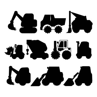 Beyaz bir arkaplana karşı dizilmiş farklı türde inşaat araçlarını temsil eden siluet koleksiyonu.