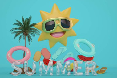 Güneş ve yaz kelime üzerinde mavi arka plan 3d illüstrasyon karikatür.
