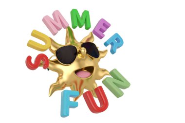 Güneş ve yaz eğlenceli çizgi film beyaz arka plan 3d çizim üzerinde kelime.