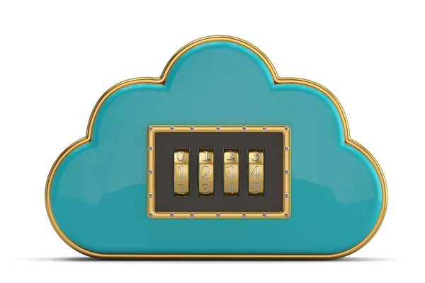 雲コンピューティング インターネット セキュリティ概念青い光沢のあるクラウド アイコン に分離されたコンビネーション ロック — ストック写真