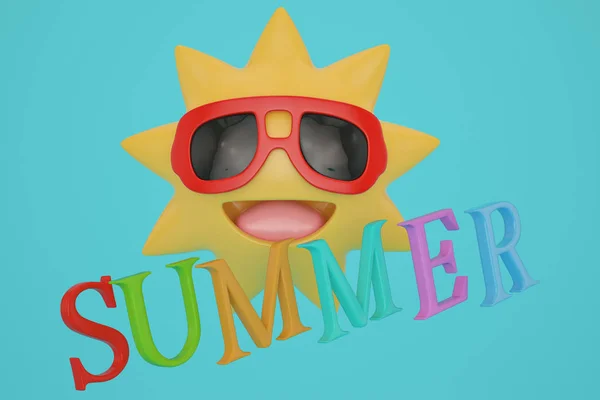 Cartoon sun and summer word on blue background 3D illustration.