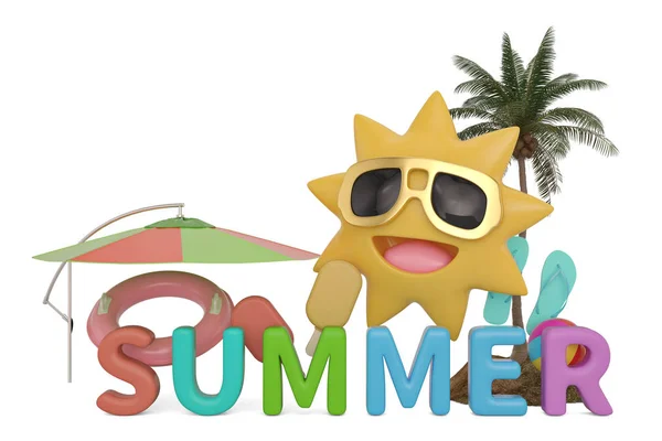 漫画の白い背景の 図の太陽と夏の単語 — ストック写真