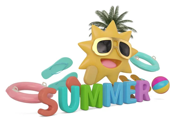 Cartoon Van Zon Zomer Word Witte Achtergrond Illustratie — Stockfoto