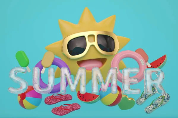 Cartoon Sonne Und Sommer Wort Auf Blauem Hintergrund Illustration — Stockfoto