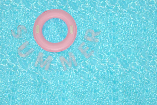 Inflatable ring and summer word on blue water 3D illustration.