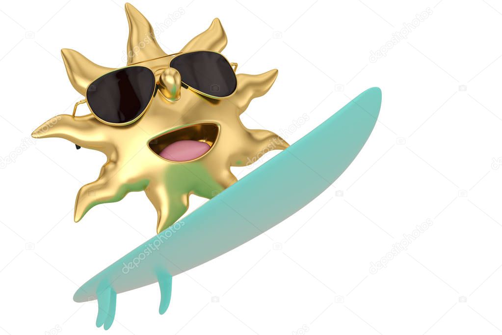 Cartoon sun and surfboard isolated on white background 3D illustration.