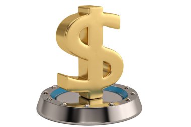 Çelik podyum üzerinde altın dolar işareti. 3D çizim.