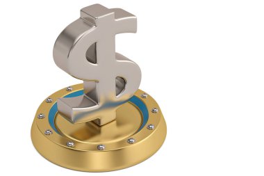 Altın podyum üzerinde çelik dolar işareti. 3D çizim