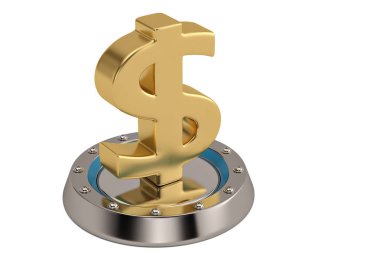 Çelik podyum üzerinde altın dolar işareti. 3D çizim.