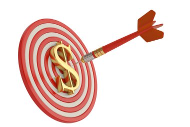 Dolar işareti hedef ve beyaz arka plan üzerinde 3d illüstrasyon izole dart.