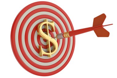 Dolar işareti hedef ve beyaz arka plan üzerinde 3d illüstrasyon izole dart.