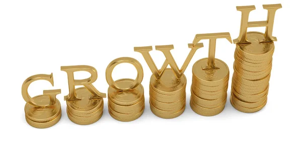 Gold word growth and coin stack on white background 3D illustration.